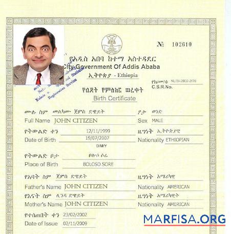 Downloadable Ethiopia Government of Addis Ababa birth certificate sample